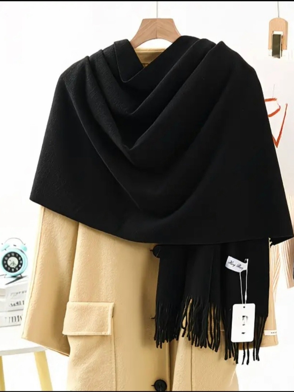 Elegant Black Fringe Scarf Wrap - 100% Real Wool- Super Soft!